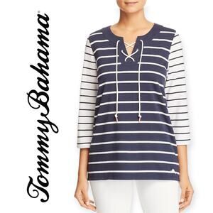 Tommy Bahama | XL | Floricita Ocean Deep Blue Striped Lace-Up Pima Cotton Top